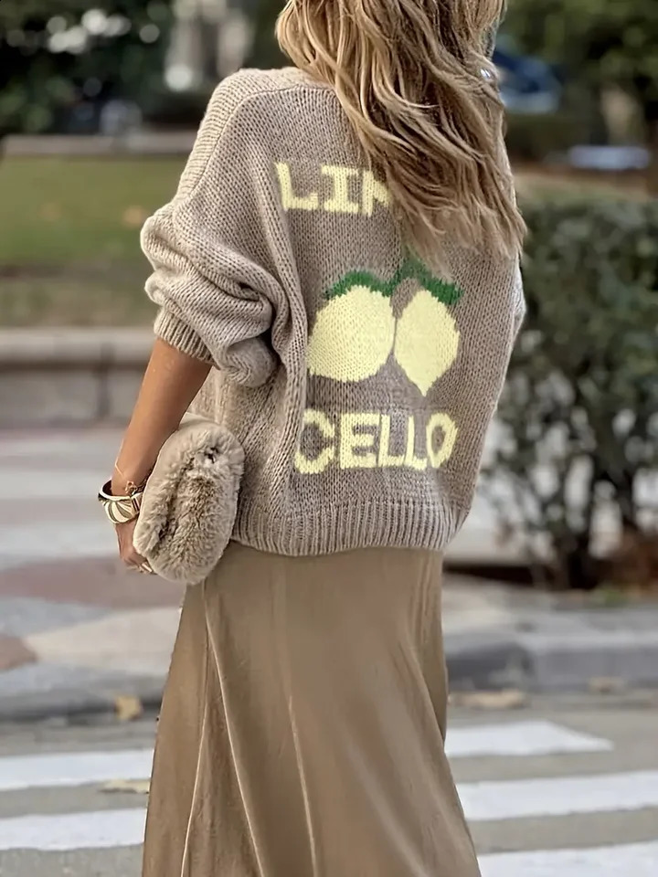 Women's fashionable casual long sleeved button sweater cardigan soft and comfortable loose lantern sleeve lemon knit sweater 260918