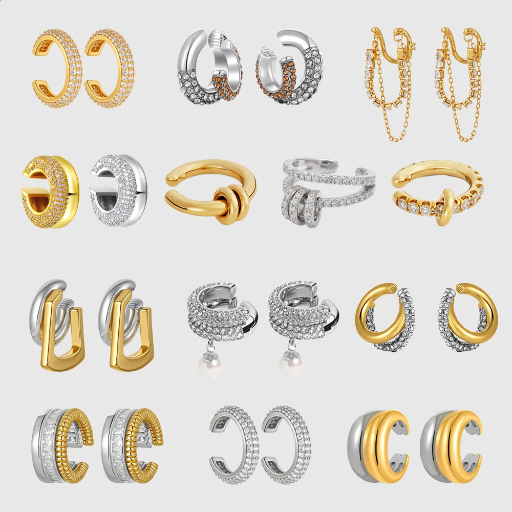 y Zircon No Piercing Ear Cuffs Gold Silver Mix Color Double Layer Cartilage Clip Earring Stainless Steel Jewelry for Women 260921