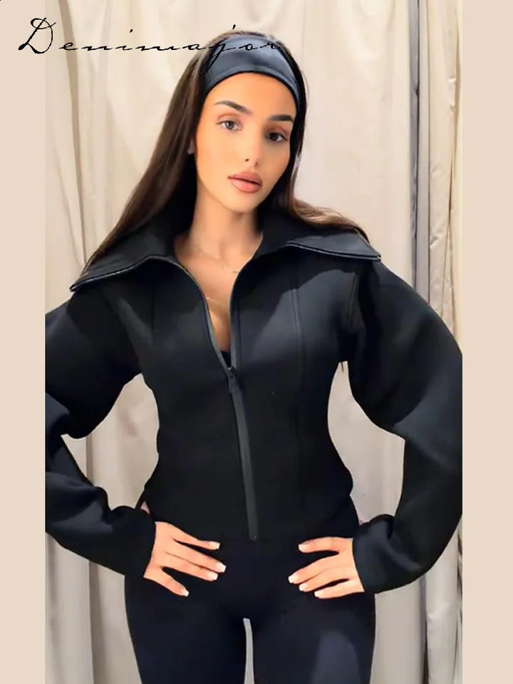 Fashion Solid Color Coat Womens Turndown Collar Long Sleeve Zippers Slim Jacket 2026 Spring Lady Casual Streetwear 260921