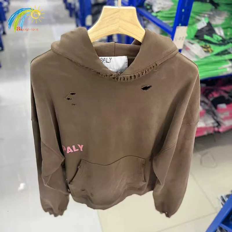 Men's Hoodies Sweatshirts Simple Classic Letters Paly Hoodie Hooded Men Women Heavy Fabric Cotton Vintag Carbon Grey Brown Damaged Hole Pullove