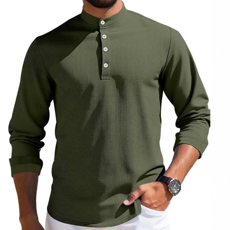 Mens Breathable Waffle Henley Shirt Stand Collar Half Button Placket Long Sleeve Roll Tab Cuff Curved Hem Loose Fit Casual Resort Wear