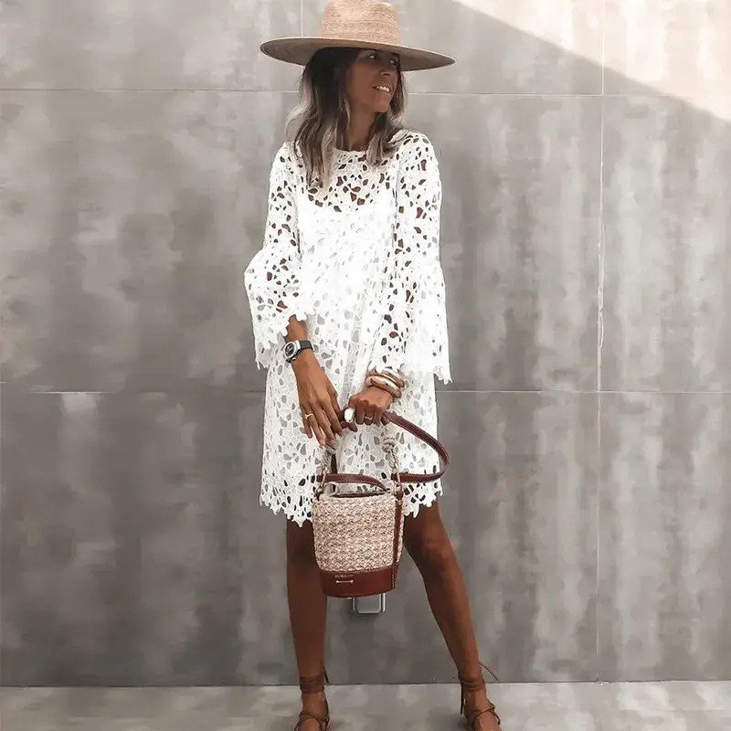Women Casual Dress Summer New Womens everyday Ethnic Lace Flower Charm Small Fragrant Style Dress Ladies Basic 08b