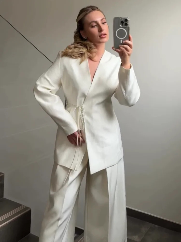 Women Elegant Solid Lace-up Blazer Set Lady Chic V-neck Full Sleeve Loose Coat Wide-leg Pants Suit 2026 Casual Commute Outfit 260918