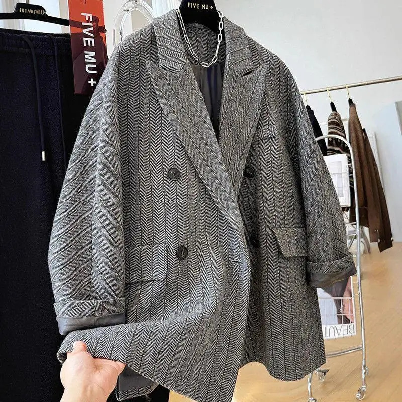 2026 Autumn Winter Temperament Striped Suit Collar Woolen Blazers Coat Women Double-breasted Simple Loose Warm Suit Female 260921