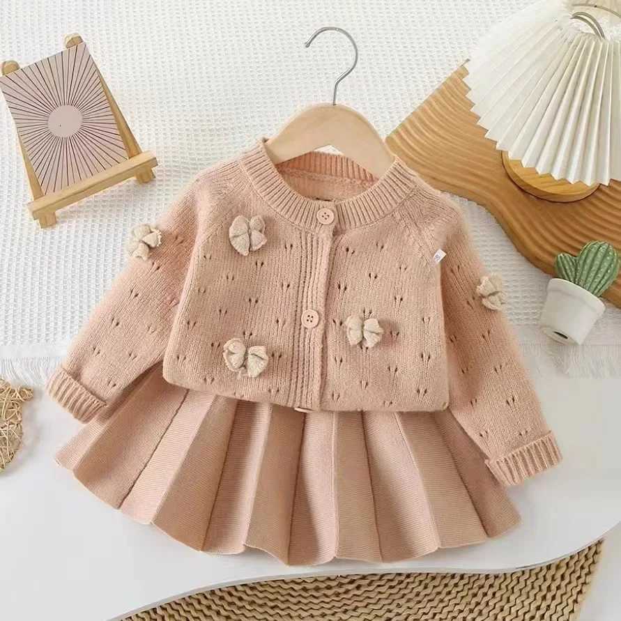 Children's Clothing Sets Cutout Pullover Floral Cardigan Sweater + Pleated Skirt Knitted Sweater Girls Winter Clothes Pullovers for Kids C26092
