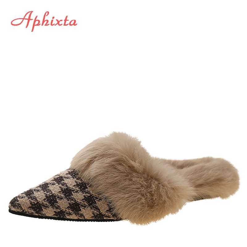 Aphixta New Warm Winter Real Rabbit Fur Plush Women Slippers Birds Furry Plaid Shoes Pointed Toe Flat Heel Hair Slides T260922