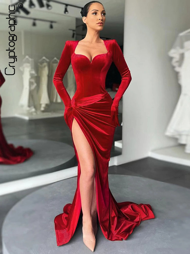 Cryptographic Elegant Gown Long Dress Evening Club Outfits for Women Gloves Sleeve Velvet Sexy Slit Maxi Dresses Ruched Dresses 260921