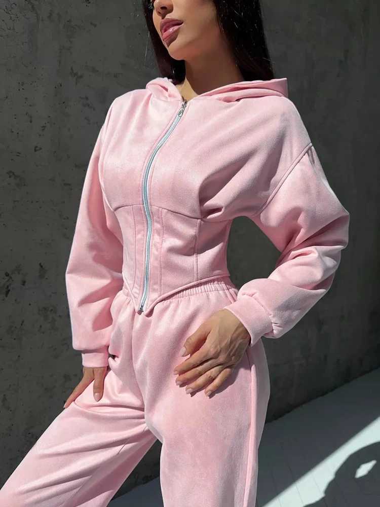 Waist Baseball Sets FSMG Sexy Tied Sports Sets Women's Solid Long Sleeve Zipper-up Hooded Slim Short Coat And High Waist Sweatpant 2 Piece Set