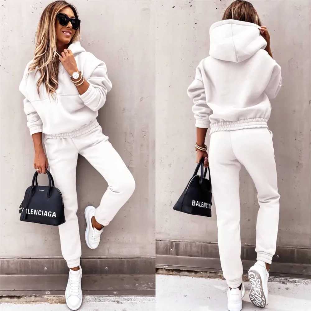 New Baseball Winter Sets Autumn Solid Color Long Sleeve Hoodie Women's Casual Suit Fashion Loose Sports Hoodie + Small Foot Pants 2 Piece Set N