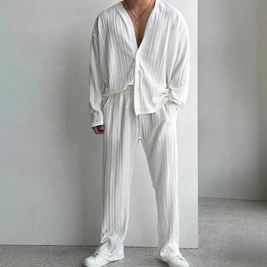 Autumn Men's Tracksuits 2026 Thin Solid Color Sexy Deep V Cardigan Knitted Sweater Shirt Casual Fashion White Pants Suit Two-piece Sets For Men