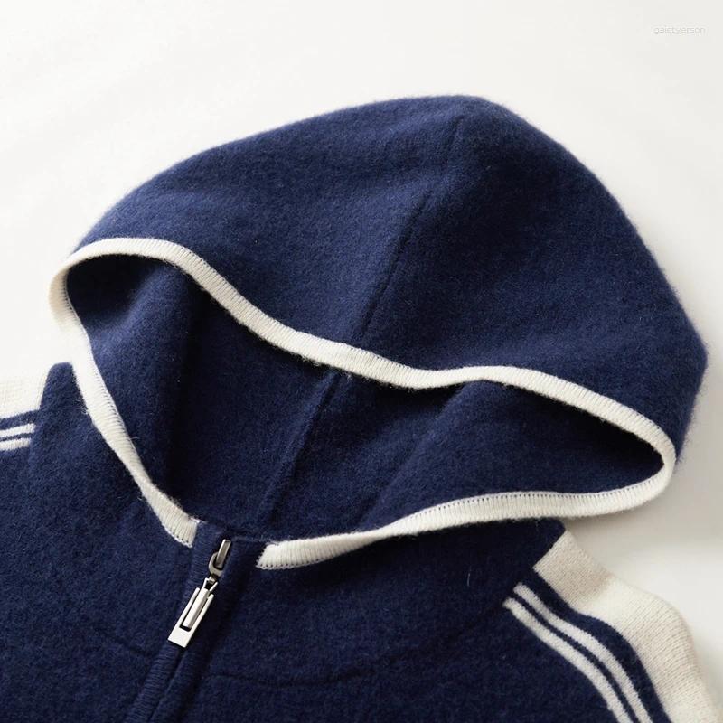 Fashion Men Merino Wool Hooded Cardigan Autumn Winter Thick Warm Cashmere Sweater Casual Zipper Hoodie Youth Soft Coat Top