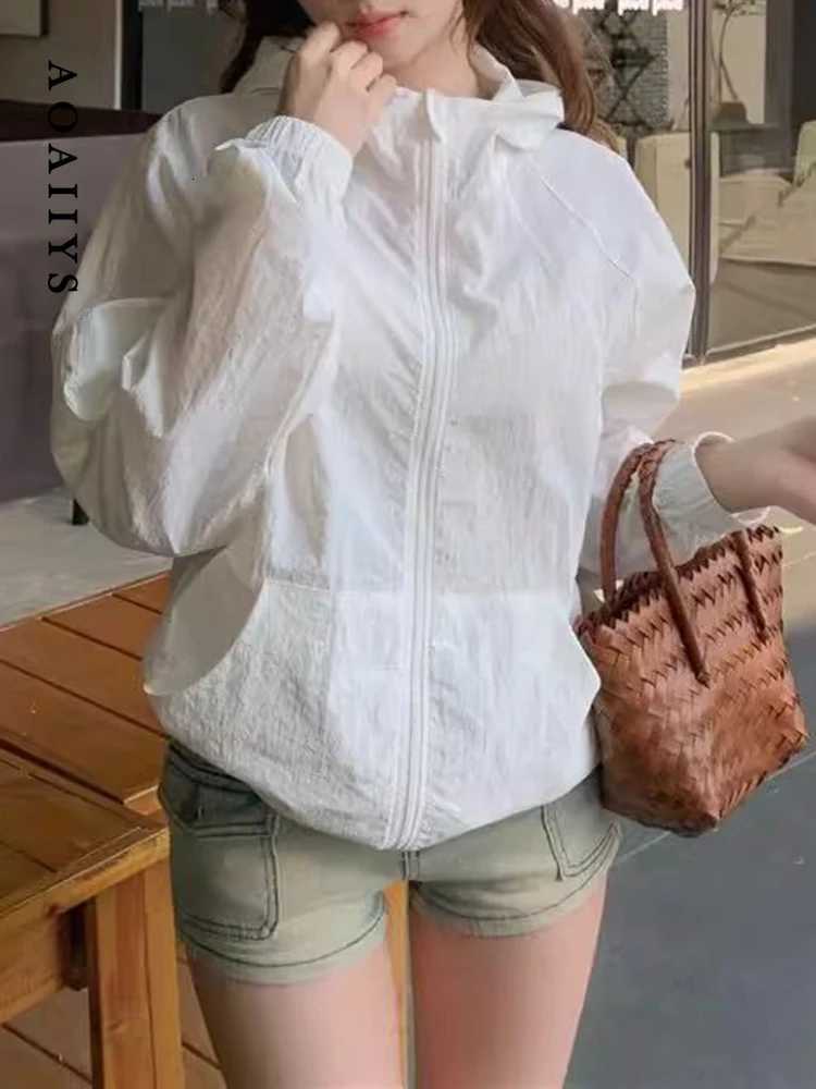 Women's Jackets Aoaiiys Thin Coat Women 2026 Drawstring Pockets Fashion Jackets Casual Long Sleeve Sun Protection Hooded Tops Spring Summer New