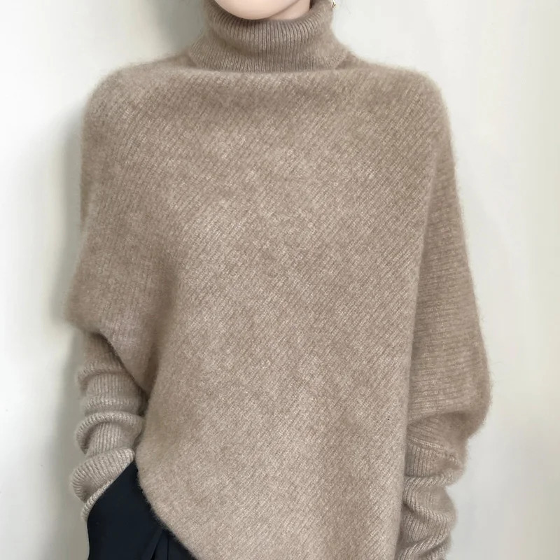 100% Merino Wool Autumn Winter Batwing Sleeves High Neck Pullover Long Sleeve Knitwear Trendy Stylish Warm Women Cashmere Top 260921