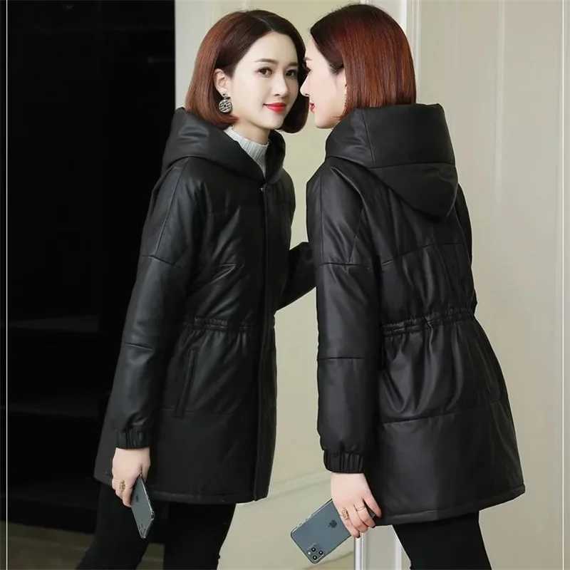 Leather Black PU Down Cotton Jacket For Women Mid-Length Hooded Thick Faux Leather Coat 2024 Autumn Winter New Windproof Outwear C260921