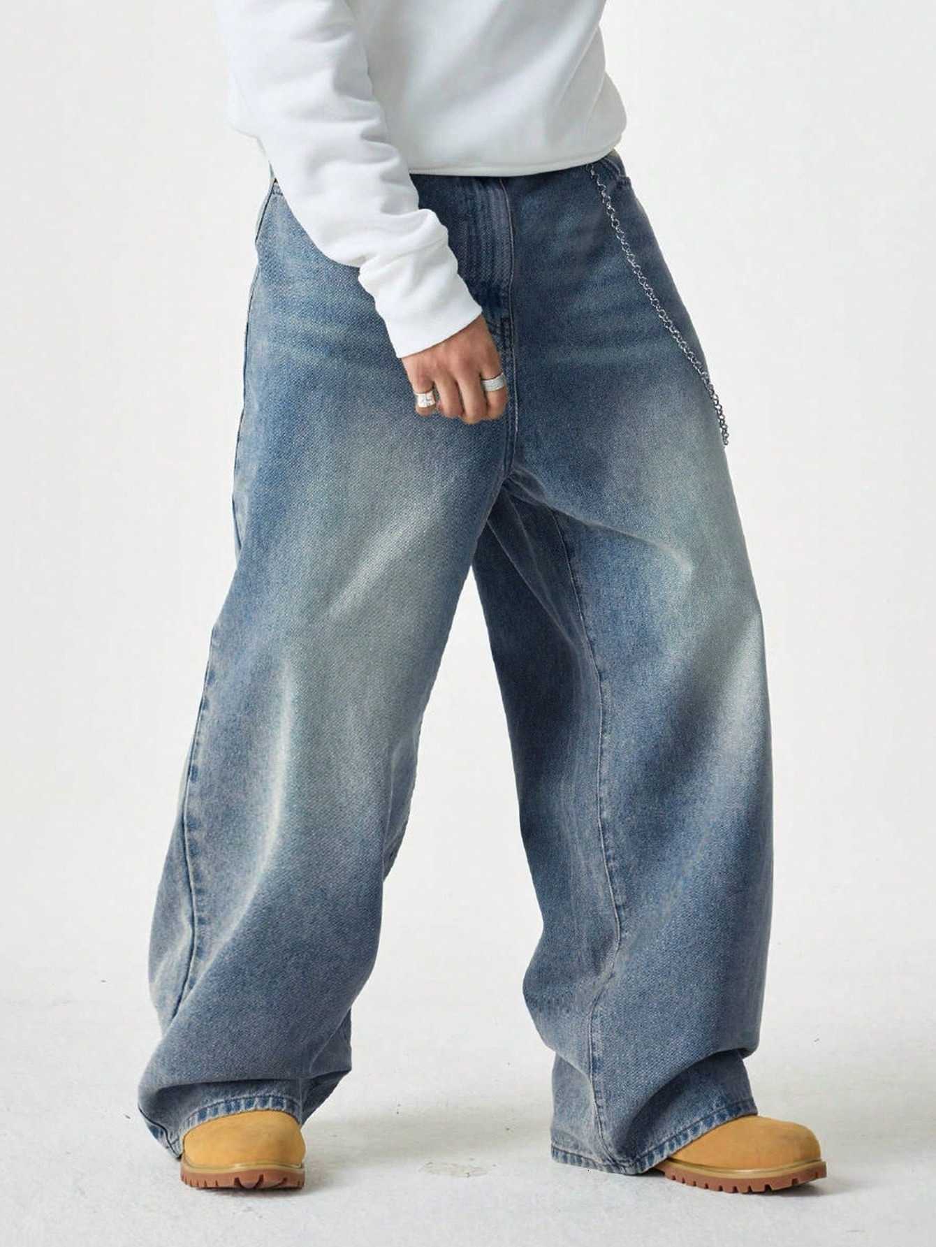 Jeans 1Pc Men's Men's Wide Pants Brushed Jeans Wide Jeans Y2K New Rocks Jeans Buggy Black Hip-Hop Pants T260922