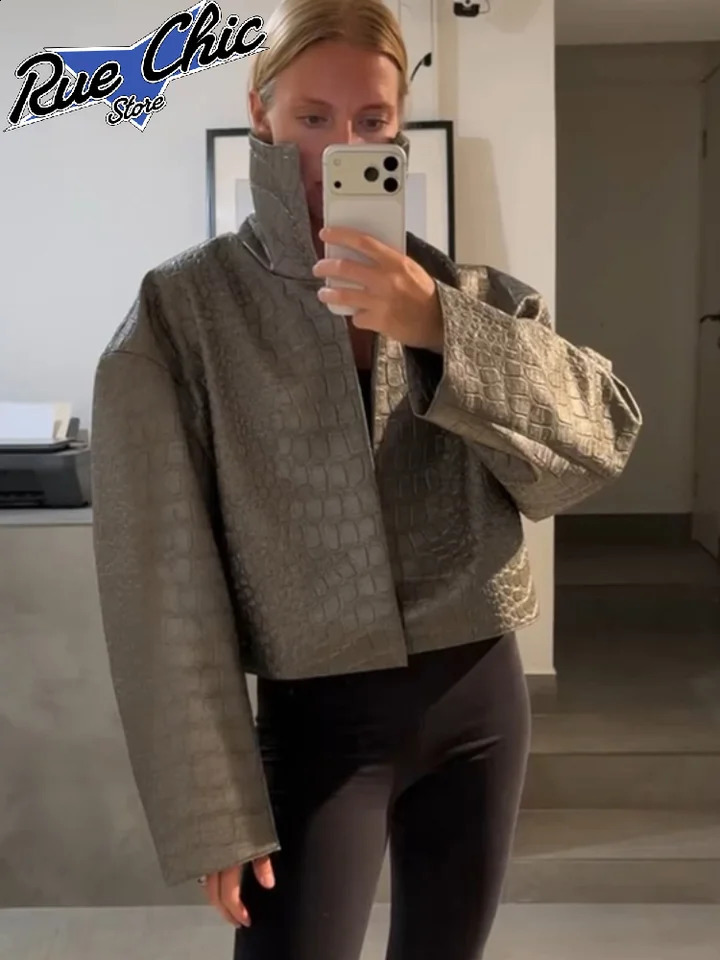 Solid Cropped Pu Leather Jackets Women Chic Stand Collar Wide Flare Sleeves Wrap Open Front Coats 2026 Autumn Loose Outwear 260921