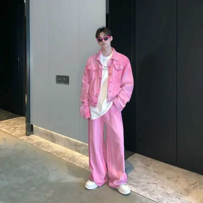 Two-piece Men's Tracksuits Men's Suits High Street Denim Jacket Loose Retro Autumn Loose Straight Pants Solid Color Tops Casual Trousers S