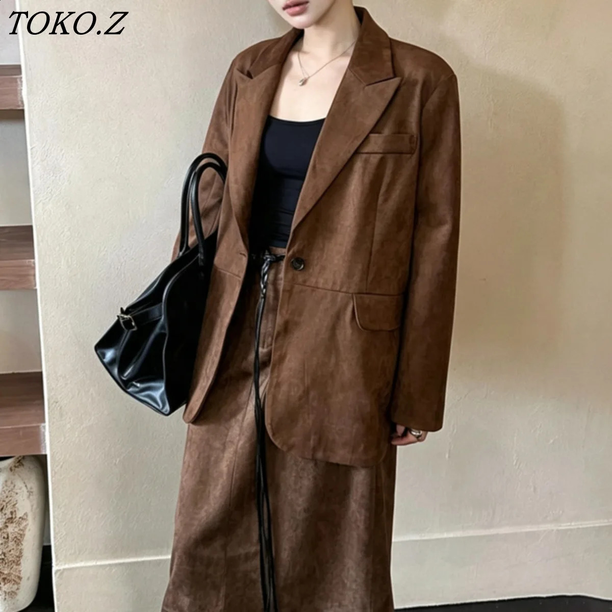 TOKO 2026 Women Notched Lapel Suede Blazer Single Button Flap Pocket Loose Long Sleeve Solid Retro Suit Jacket 260922