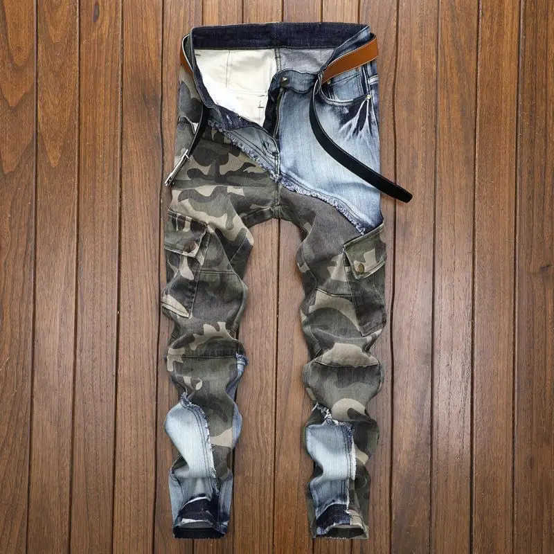 Jeans Men's Men's Patchwork Jeans Fashion Retro Slim Fit Elastic Pencil Pants Male Denim Camouflage Cowboy Pants Long Trousers T260922