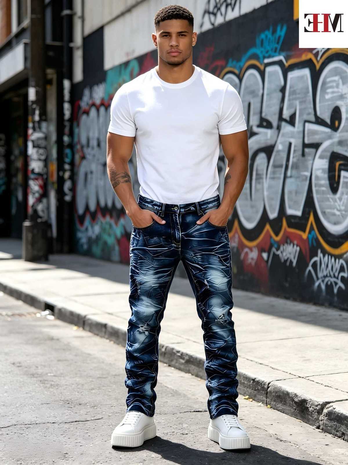 Jeans da uomo HME Pantaloni in denim blu scuro da uomo Jeans dritti slim con dettagli in strappo con baffi lavati antirughe T260922