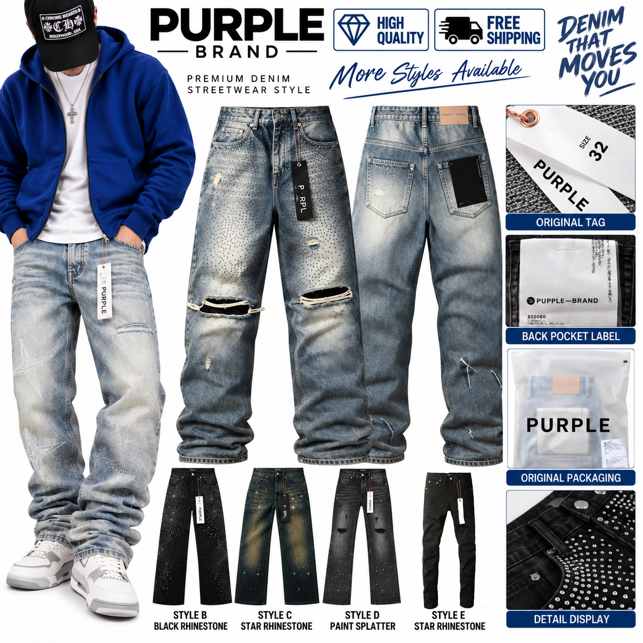 Jeans For Mens Designer Purple Jeans Slim Straight Fitted American Retro Men Pants Mens Jeans Durable Purple Hight Quality Casual Street Denim Jeans