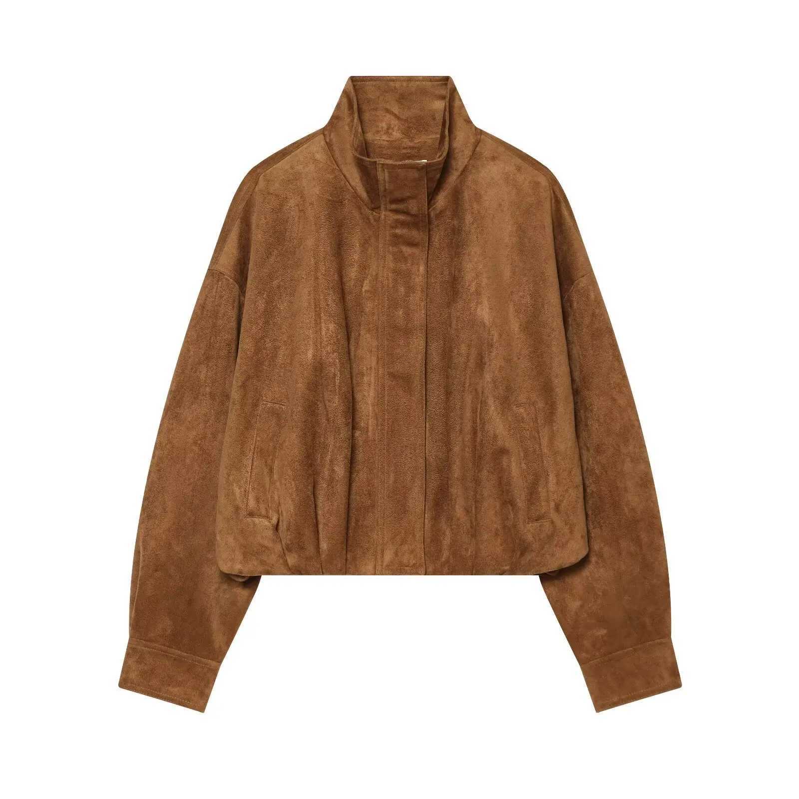 Women's Jackets Mingmingxi Women's Faux Suede Cropped Jacket - Stand Collar Loose Fit Autumn Winter Outerwear Casual Chic Coat for Daily C