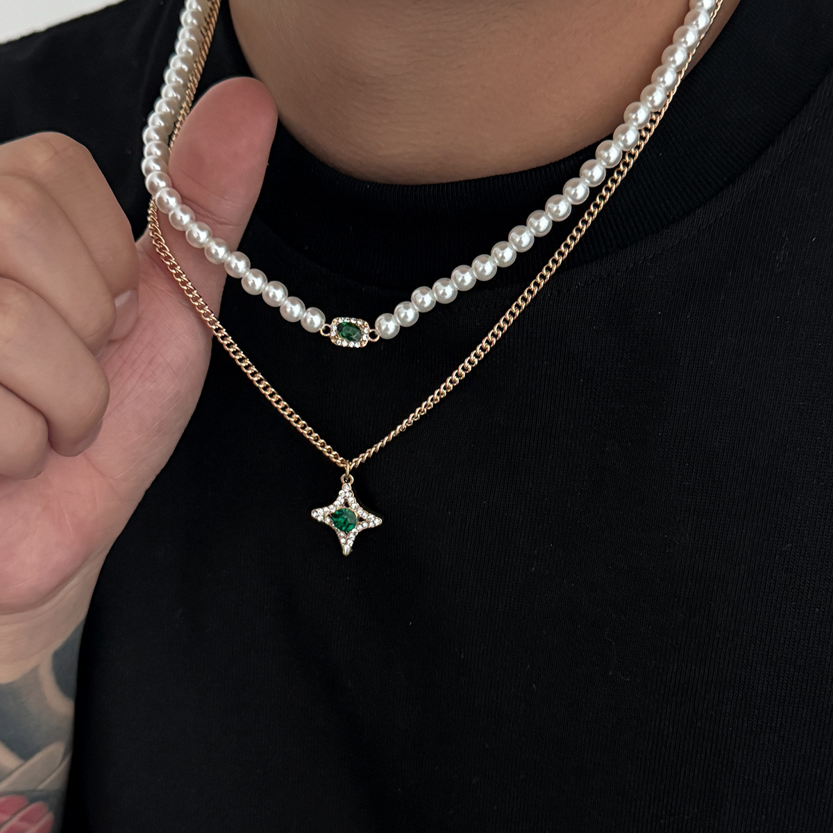 European and American Hip-Hop Pearl Inlaid Diamond Necklace Set for Men, Trendy High-End Light Luxury Personality Collarbone Chain, Men's Jewel