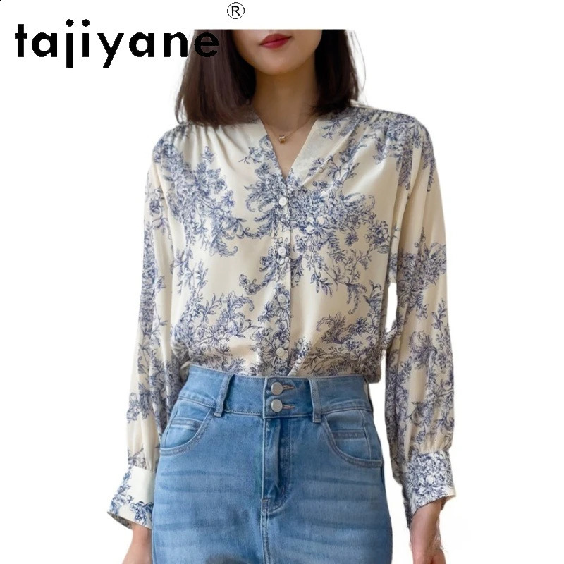 TAJIYANE 100% Natural Mulberry Silk Blouse Elegant V Neck Shirt Woman Long Sleeve Summer Tops Fashion Ladies Clothes 260921