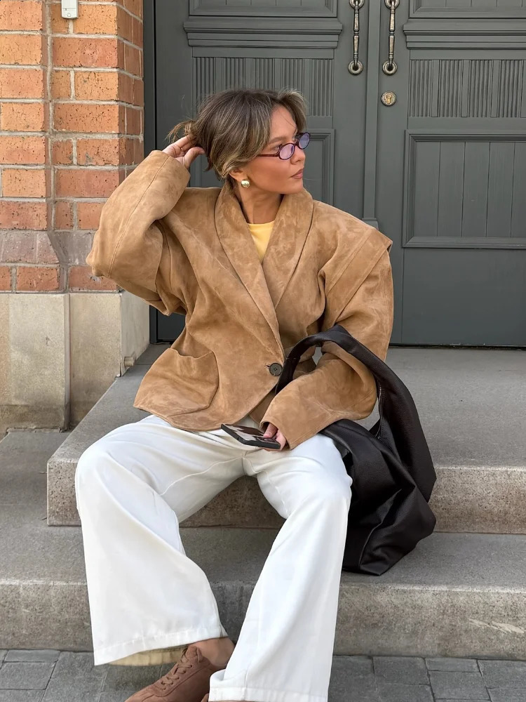 Retro Oversized Suede Leather Jacket Vintage Womens Shoulder Pad One Button Waist Up Coat Autumn Winter Chic Streetwear 260922