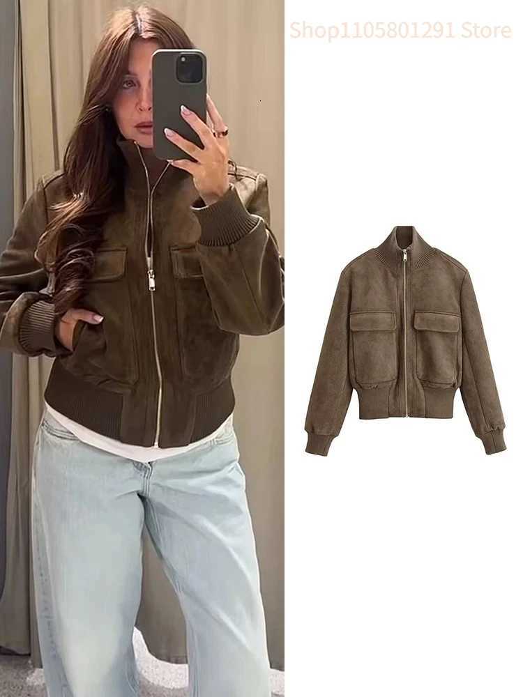 Women's Jackets 2026 Women Simple Flight Outer Coat StandCollar LongSleeve ZipUp Cropped Bomber Jacket Autumn Winter Slim Chic Coats C260921