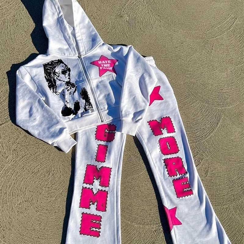 Tracksuits High Street Men's Casual Sports Jacket Women Y2K Star Patchwork Aesthetic Varsity Jacket + Straight Pants White Letter Fashion Suit