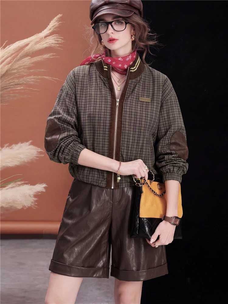 Women's Jackets Women Plaid Jacket Vintage Stand Collar Bomber Jacket Leather Patchwork Loose Fit Zip Up Casual Streetwear Outerwear C260921