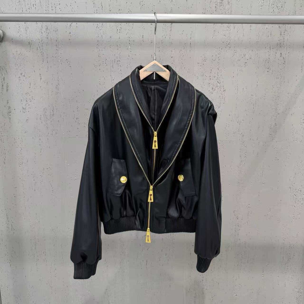 Designer Luxury Women Double Zipper Pu Leather Jacket Gold Hardware Pocket Short Bomber Coat Black Brown Autumn Outerwear