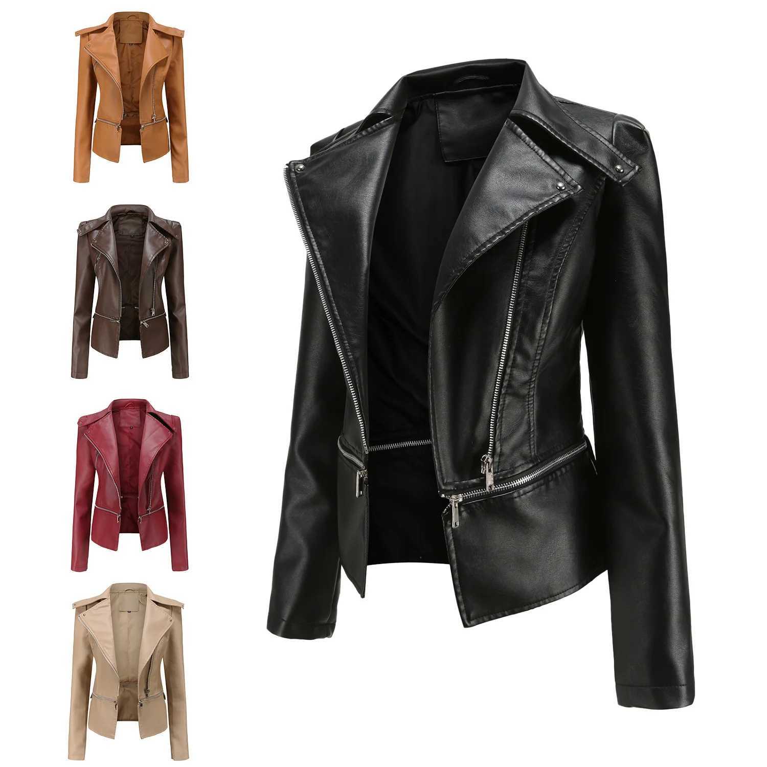 Faux Women's Leather Leather Spring Autumn Motorcycle PU Leather Jacket Women Casual Leather Coat Female Long Sleeve Turn-down Collar Solid Out