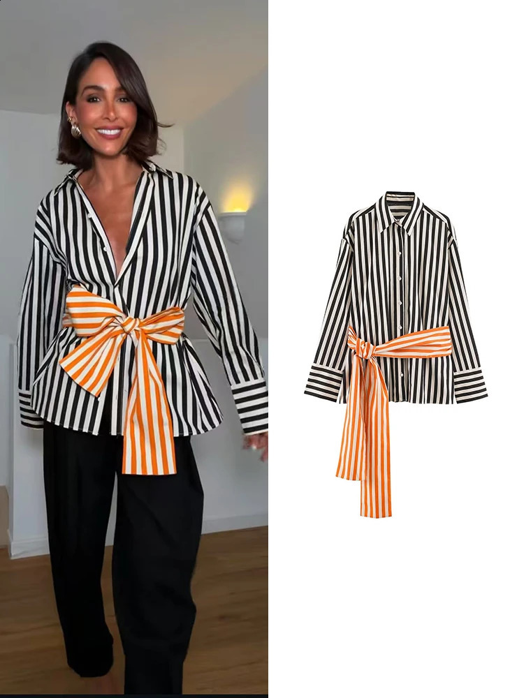 TFMLN Womens Contrast Color Striped Shirt Long Sleeves Belted Elegant Button Blouse 2026 Fashion Lapel Casual Shirt 260921