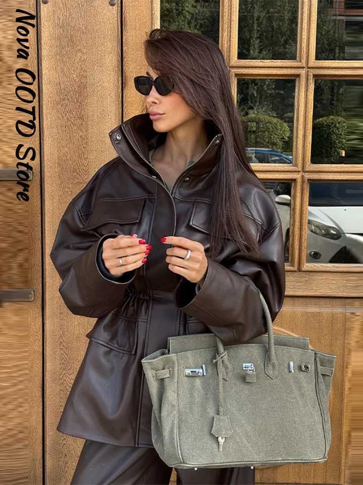 Leather Faux Women's Leather Street Waist Cinching Leather Jacket Women Loose Solid Stand Collar Zipper Pocket Jackets 2026 Spring Lady New Fas