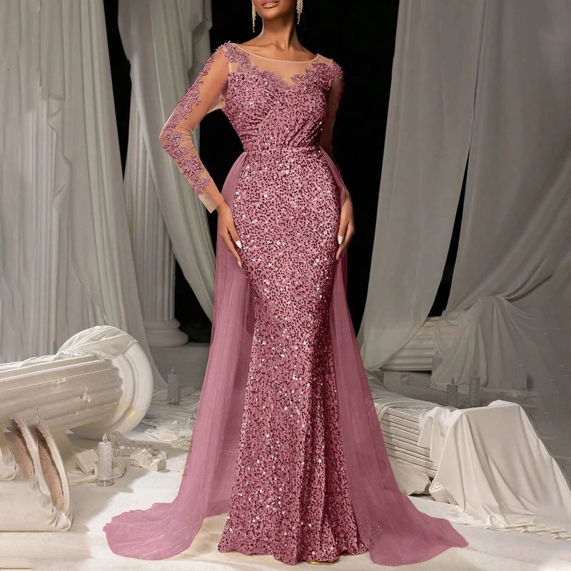 y Long Sleeve Slim Dress Elegant V-neck Lace Sequin Mesh Spliced Evening Dress Fashion Solid Color High Waist Glitter Dress 260922