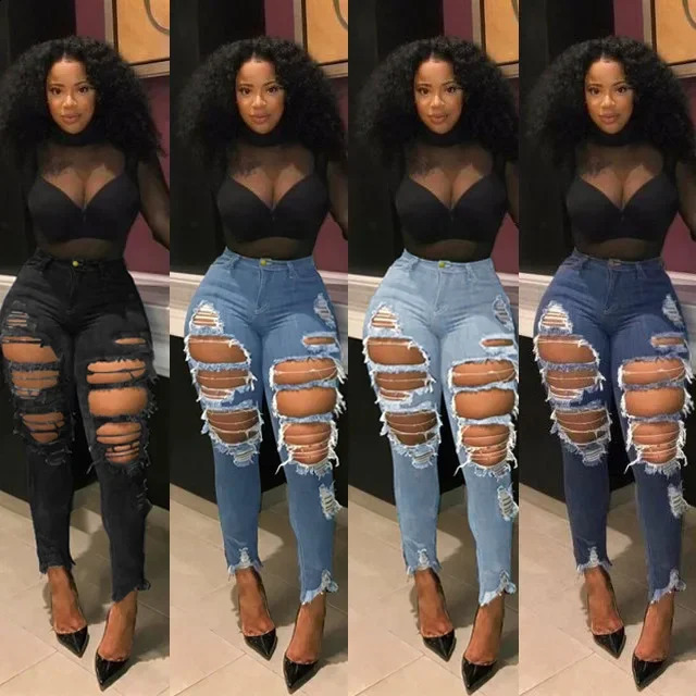 Hole Jeans Women Denim Pencil Pants Streetwear Washed Skinny Stretch High Waist Distressed Ripped Ankle Length Trousers 260921