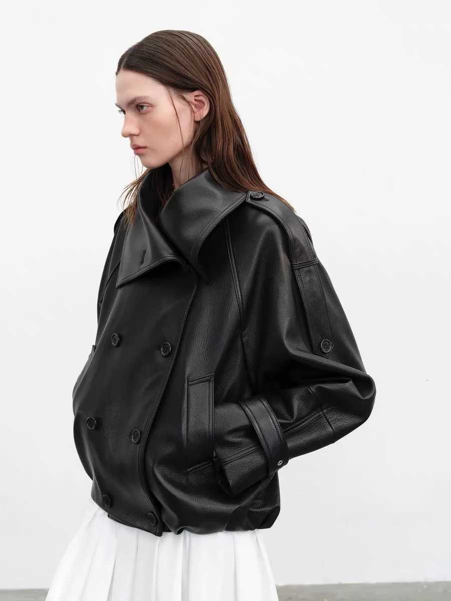 Faux Women's Leather Leather Fashion Real Leather Jacket for Women Modern Genuine Sheepskin Stand Up Collar Short Silhouette Coat Winter Tops L
