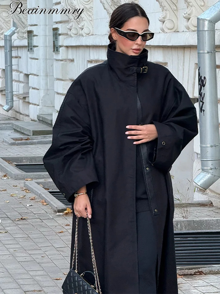 Women Black Long Solid Color Trench Coat Stand Collar Loose Drop Shoulder Single-breasted Windbreaker Lady Commute Outing Wear 260921