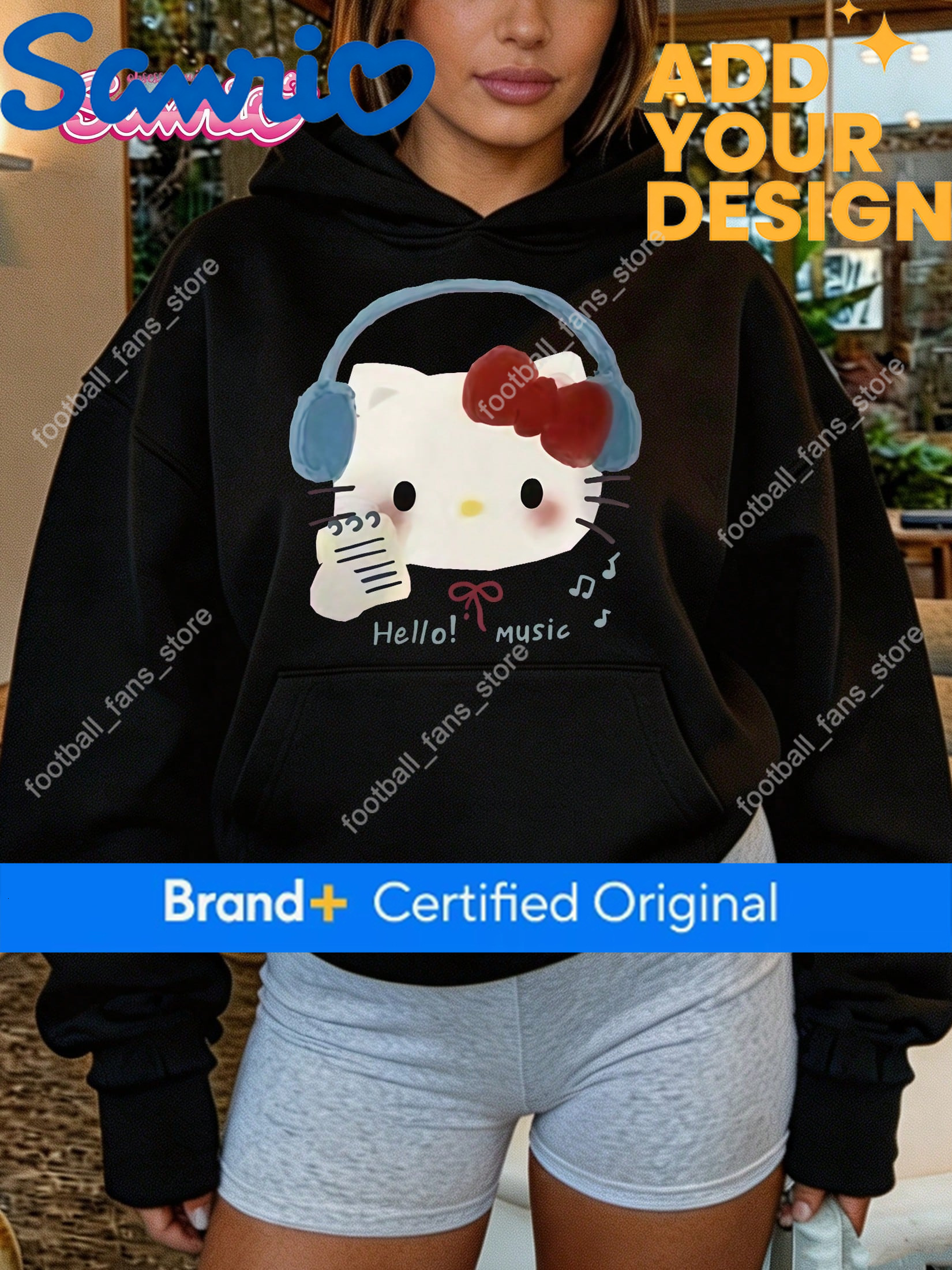 2026 SANRIO Fall Hoodies Women Hello Kitty Music Print Oversized Hooded Sweatshirt Casual Long Sleeve Pullover cd