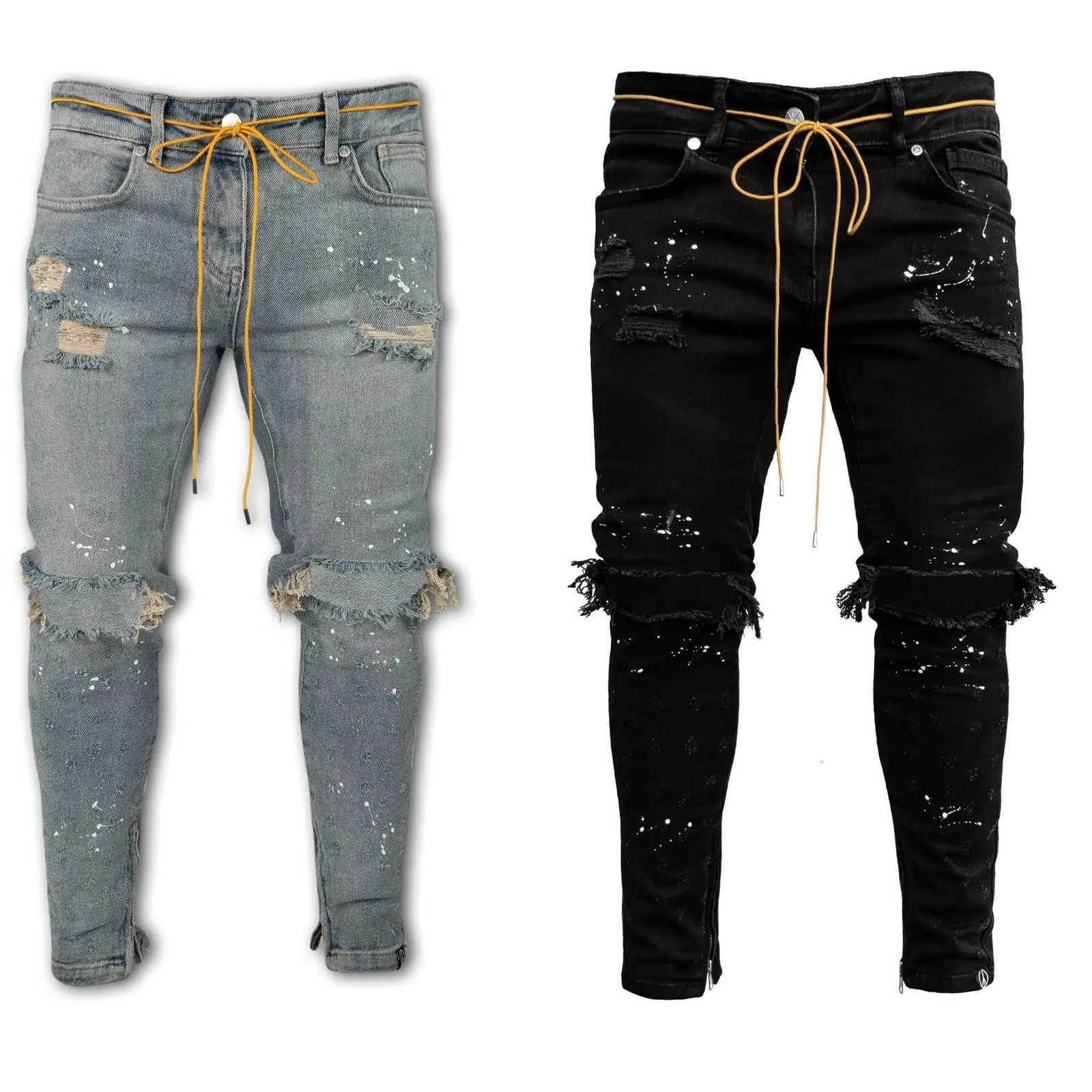 Long Men Pants Denim Pencil Pant Hole Splice Simple Fit Zipper Lace Up Tight Waist Straight Trousers Autumn S260922EC15