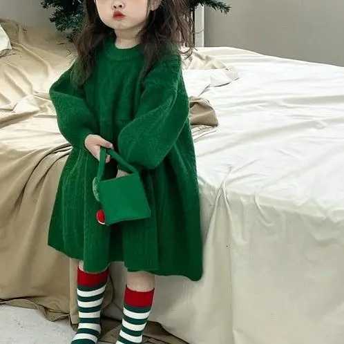 Autumn Pullover Childrens Clothing 2024 and Winter Girls Sweater Loose Solid Color Wool Dress Loose Green Knitted Sweater C260921