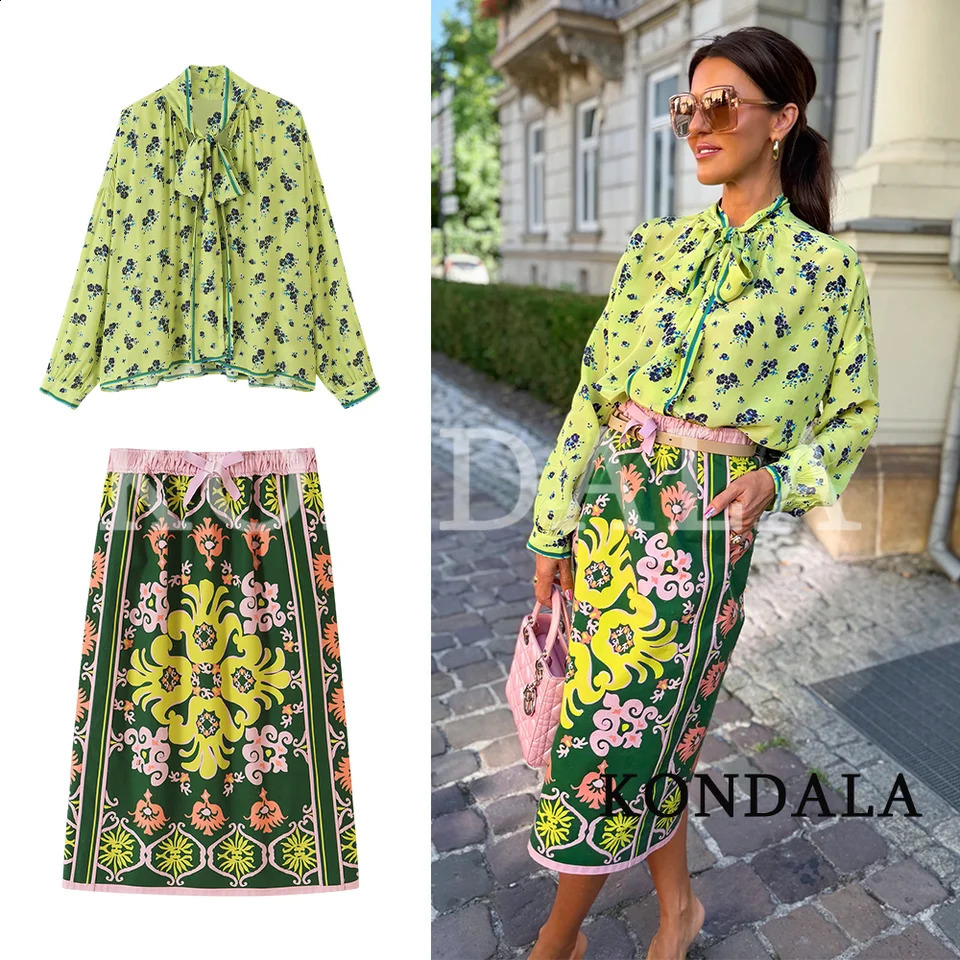 KONDALA Women Chic Boho Printed Shirt Skirt Set Bow Shirt Elastic Waist Midi Skirt 2026 Early Fall Chic Elegant Garden Party Set 260921
