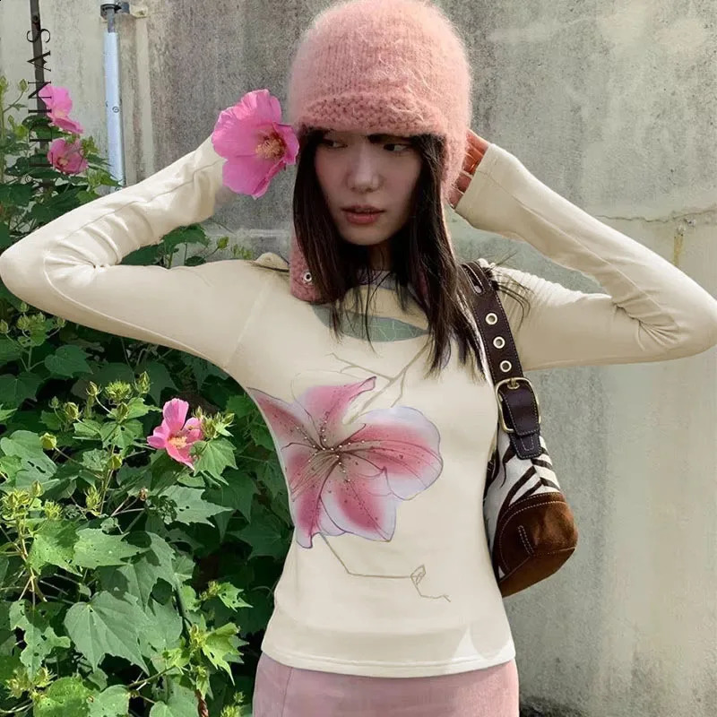 Yedinas Fairycore Slim Graphic T Shirts Long Sleeve Korean Fashion 2000s Clothes Y2k Womens Tshirt Spring Tops Tees 260921
