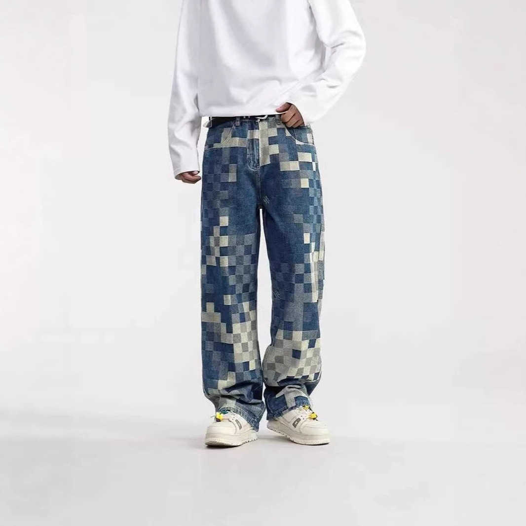 Jeans Men's Men's Checkerboard Jeans Wide Leg Baggy Denim Pants High Street Y2K Retro Vintage Harajuku Streetwear Hip Hop Loose Fit Trouse