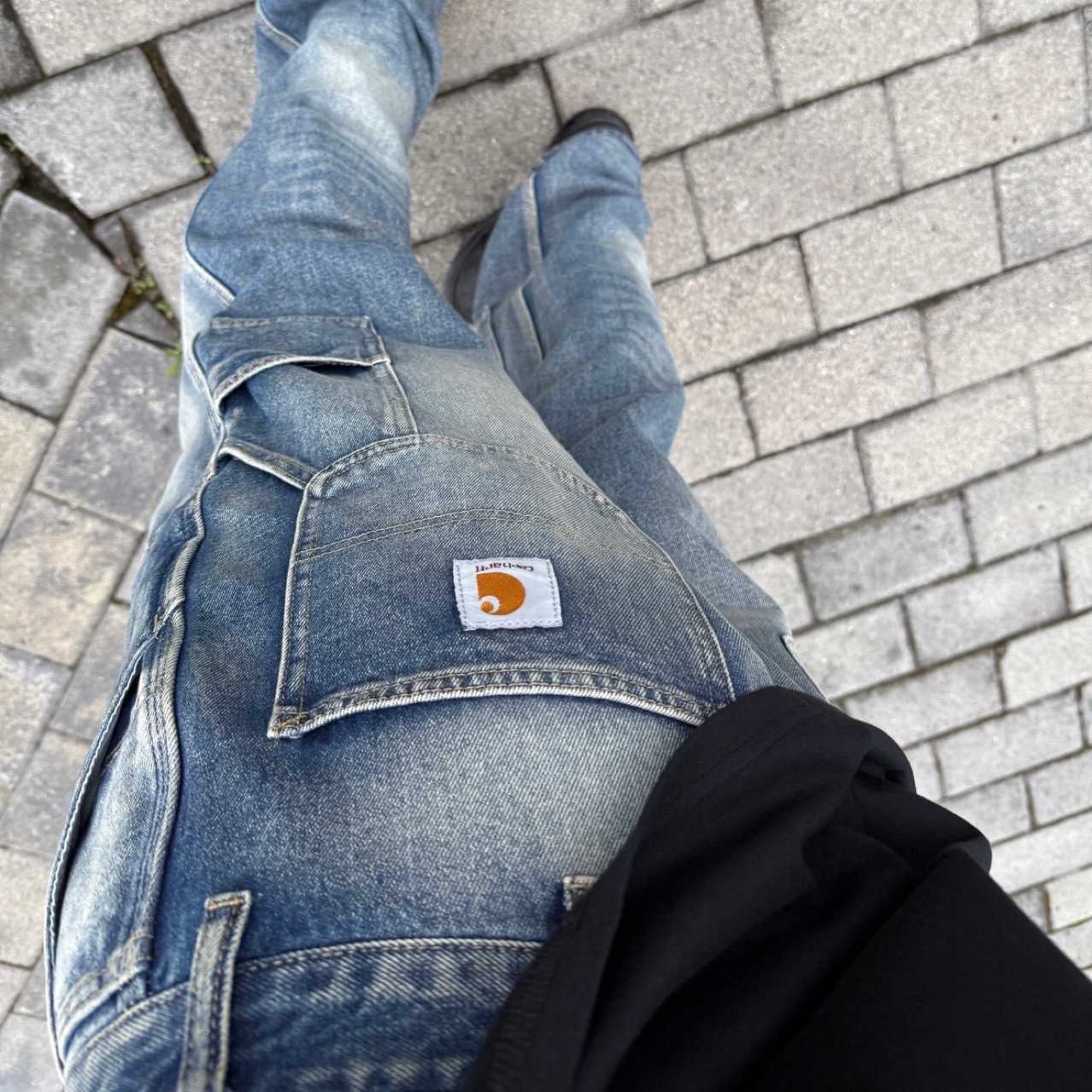 American-style casual washed denim jeans with double knee patches loose fit straight leg for men T260921