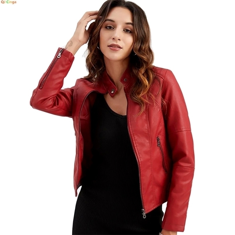 Women's Red PU Jacket Vertical Collar Zipper Motorcycle Leather Coats Fashion Casual Coat Female Outerwear Black Purple Top yy260915