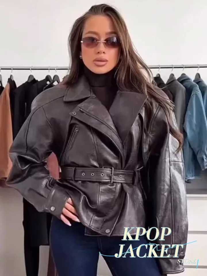 Faux Women's Leather Leather Women Oversized Faux Leather Biker Jacket Lapel Zipper Belted Waist Motorcycle Coat 2026 Autumn Vintage Streetwear