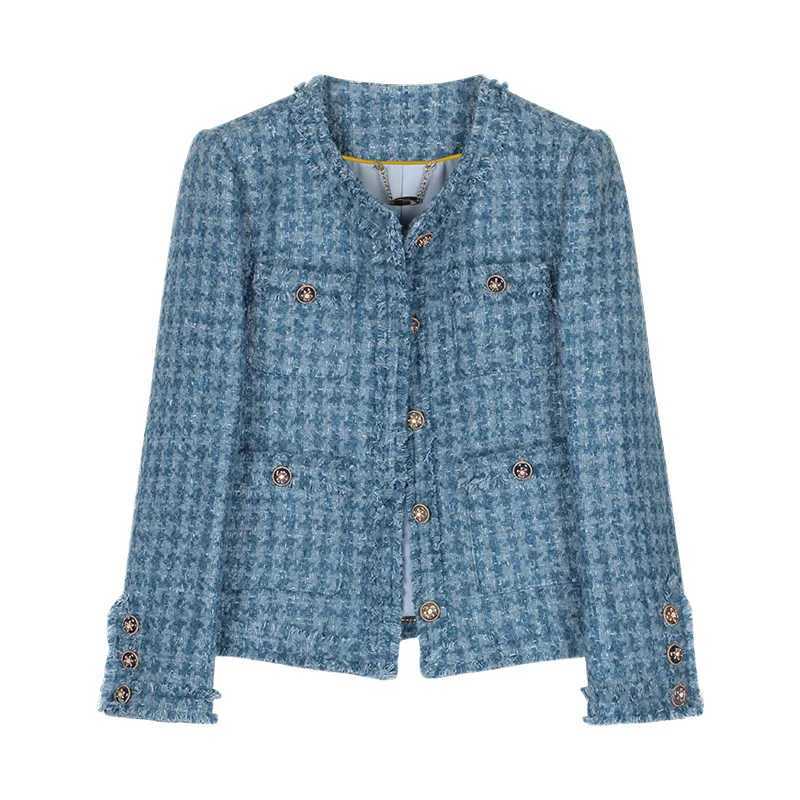 Women's Jackets Elegant Vintage Round Neck Tassel Blue Small Fragrance Coat Women Fashion Tweed Casual Basic Office Lady French Coat Woman C260